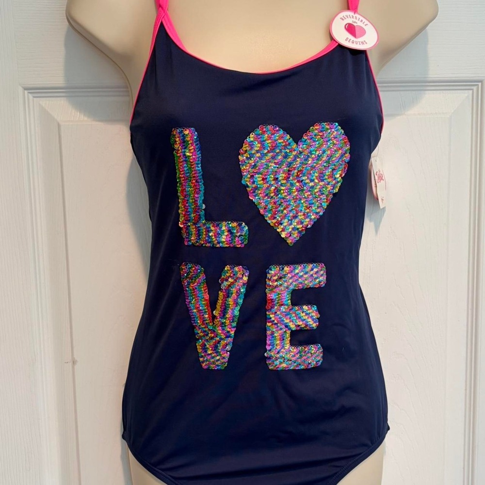Justice Girls One Piece Swimsuit Size 20 Navy Pink Flip Sequin LOVE UPF 50+